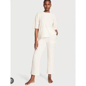 Victorias Secret Glow Waffle Pajama Pant Large Wide Cropped Leg Ivory Loungewear